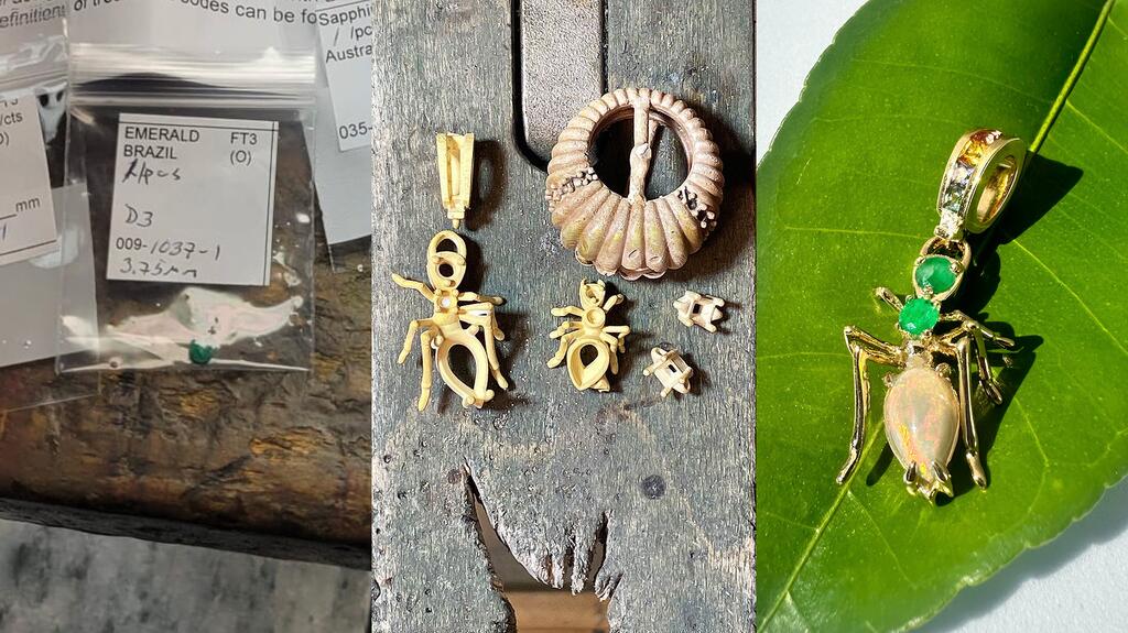 The “Kokoro” pendant was designed by Christine Olowonira, founder and designer of Cocoerow Fine Jewelry, and manufactured by Patricio Alvarez in New York City. It uses mercury-free 18-karat yellow gold mined by Lucila Huanca in Peru, gems from Columbia Gem House, and a lab-grown diamond from Chatham. Kokoro Pendant Process